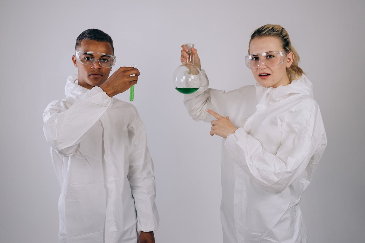 Two scientists in protective gear conducting a chemical experiment indoors.